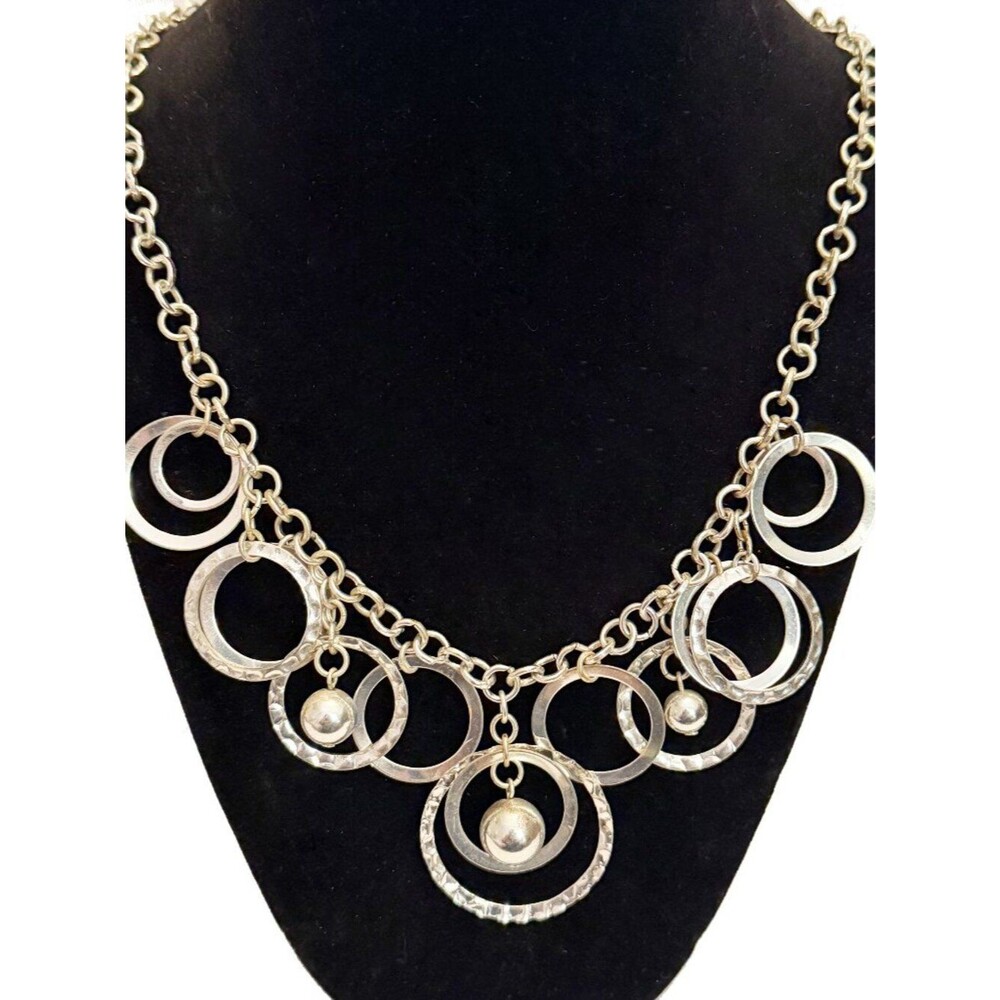 Modernist Silver Tone Concentric Circle Bib Statement Necklace - Textured Rings